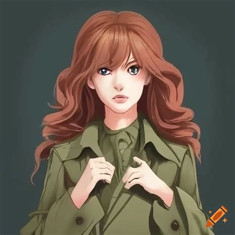 Illustration of a young woman with long, auburn hair wearing a tattered trench coat on Craiyon