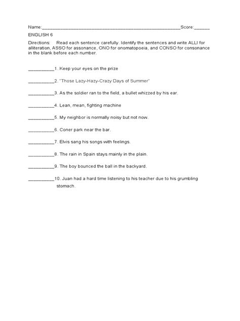 Gr6 Alliteration, Assonance, Onomatopoeia, Consonance Worksheet | PDF