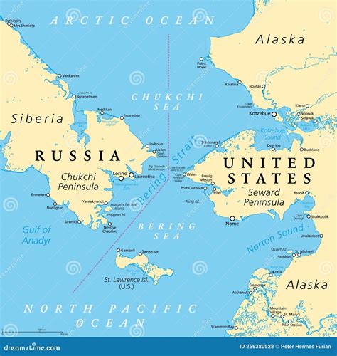 Bering Strait, Political Map, Strait between Russia and United States Stock Vector ...