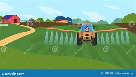 Farming Agriculture Vector Illustration, Cartoon Flat Agricultural Agrarian Sprinkler Tractor ...