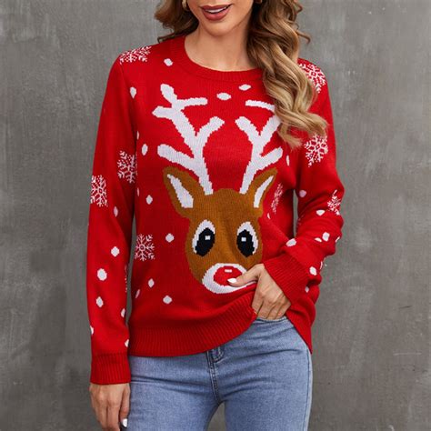 Lenago Christmas Sweaters for Women Plus Size Christmas Knitted Round Neck Knit Long Sleeve ...