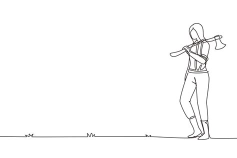 Single continuous line drawing cute woman lumberjack standing hold axe. Wearing shirt, jeans ...