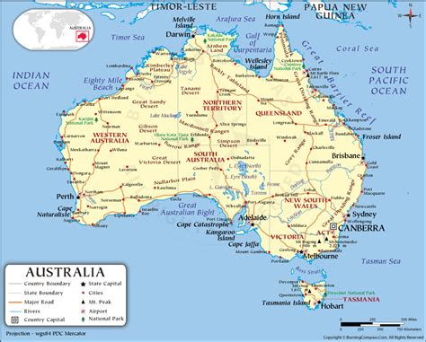 Australia Map With Countries, Australian States, Capitals, Cities, Roads And Water Features ...