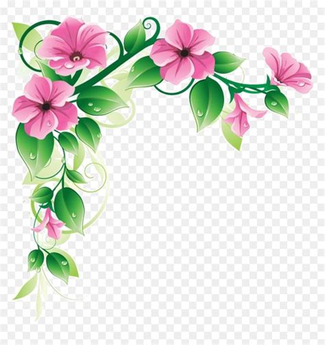 pink flowers and green leaves on a white background png - flower border ...