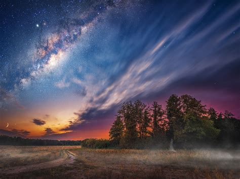 Wallpaper milky way, clouds, night, sky, landscape, tree, stars desktop ...