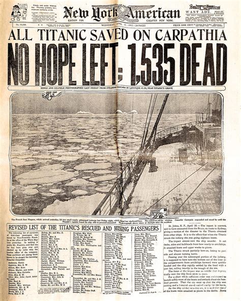 Titanic Disaster Newspaper Headline No Hope Left 1535 Dead 20230625 ...