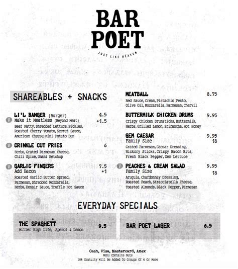 Bar Poet menu in Toronto, Ontario, Canada