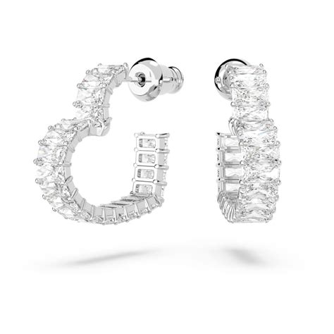 Matrix hoop earrings, Heart, Small, White, Rhodium plated | Swarovski