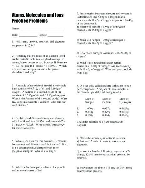 Atoms Molecules And Ions Worksheets