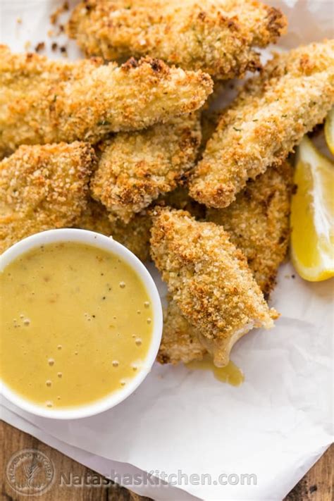 Baked Breaded Chicken Strips Recipe with Honey Mustard Dip