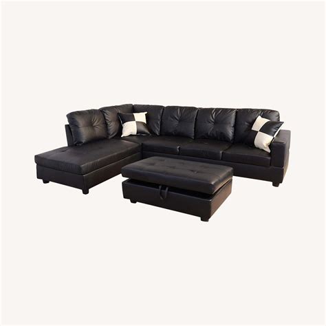 Lifestyle Black Leather 3 Piece Sectional Sofa & Ottoman - AptDeco