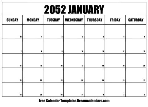 January 2052 Calendar - Free Printable with Holidays and Observances