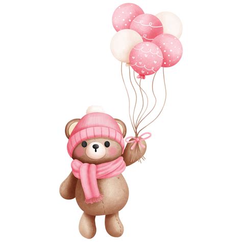 Watercolor pink teddy bear with balloons illustration.Valentines animal clipart. 36135520 PNG