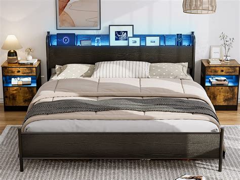 IKIFLY King Size Bed Frame with Storage Shelf Headboard & 2 USB Ports ...