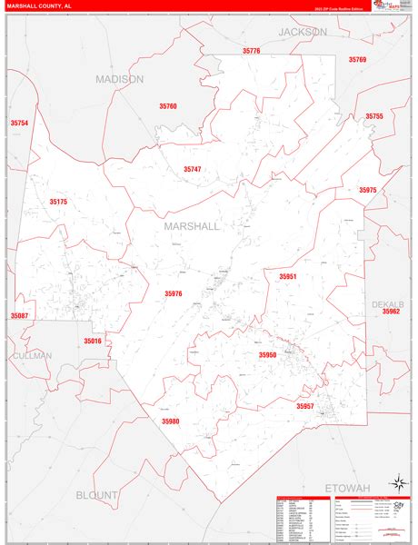 Marshall County, AL Zip Code Wall Map Red Line Style by MarketMAPS ...