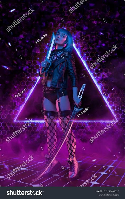 Cyberpunk Woman Sword Against Violet Background Stock Photo 2140602527 ...