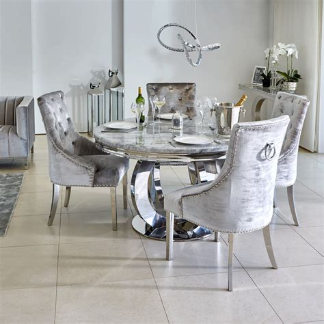 Oracle 130cm Round Grey Marble Dining Table & 4 Parker Grey Velvet Knocker Chairs in 2020 ...