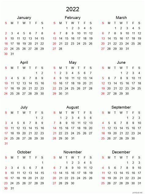 Printable Yearly Calendar 2022, Full-year | Free Printable Calendars