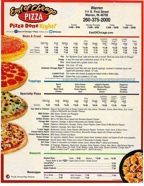 Online Menu of East of Chicago Pizza Restaurant, Warren, Indiana, 46792 ...