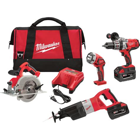 Milwaukee M28 Li-Ion Cordless Power Tool Set — 4-Tool Set, With 2 ...