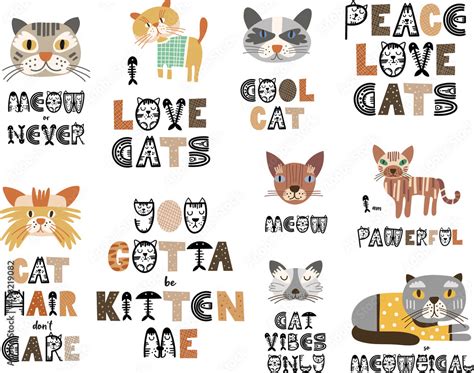 Funny cat quotes. Lettering set with cat sayings. Vector illustration ...