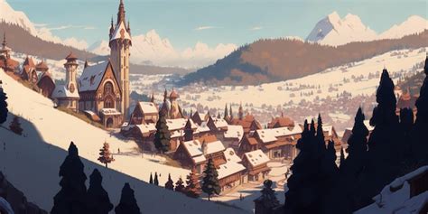 Premium Photo | A snowy village with a snowy mountain in the background