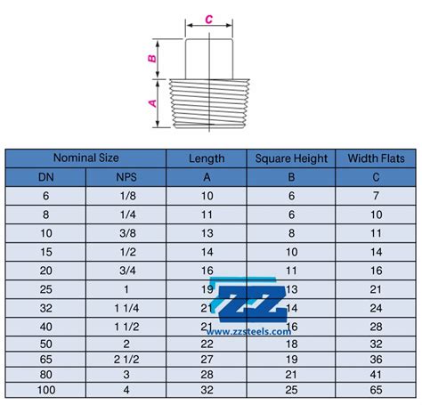 A105 Square Head Plug BSPT ASME B16.11 Dimensions | ZIZI