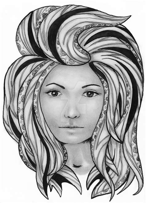 girl's face with abstract patterned hair. Ink by lexver on DeviantArt