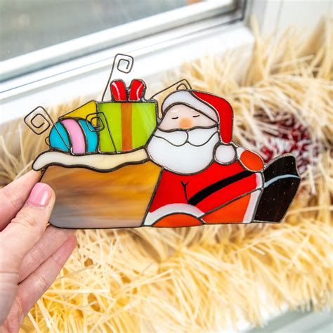 Christmas stained glass window hangings Santa stained glass | Etsy