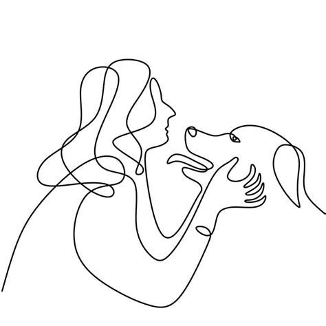 Continuous line drawing of woman happy pet lover with dog. Young female enjoy playing with her ...