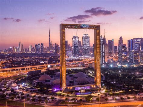 Aerial view of Dubai Frame, an iconic building in Dubai downtown with ...