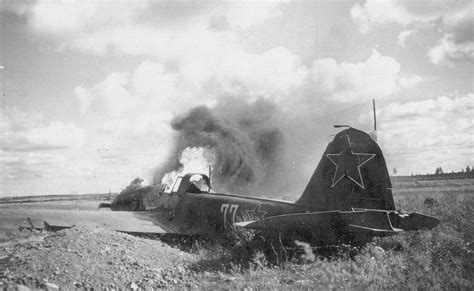 Ilyushin Il-2 cockpit burning fiercely after being shot down in Vysokaye, Belarus - 1944 : r ...