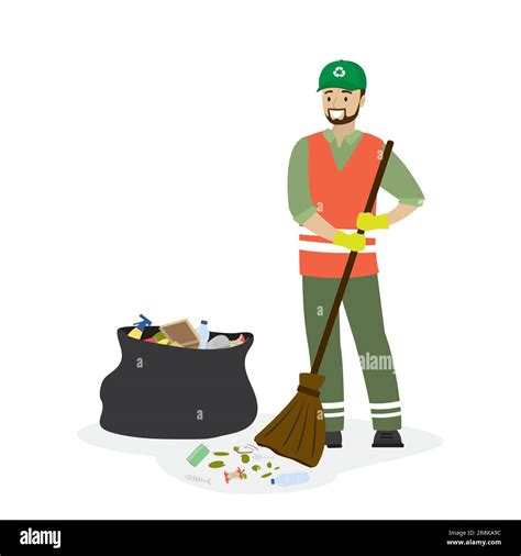 Garbage collector and trash bag with garbage. Cartoon Male worker ...