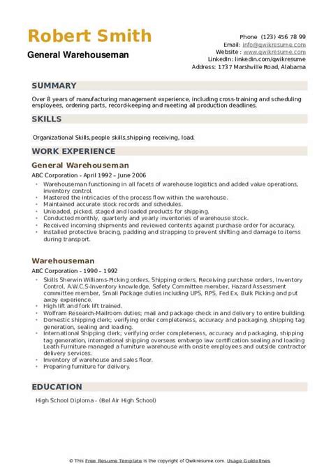 Warehouseman Resume Samples | QwikResume