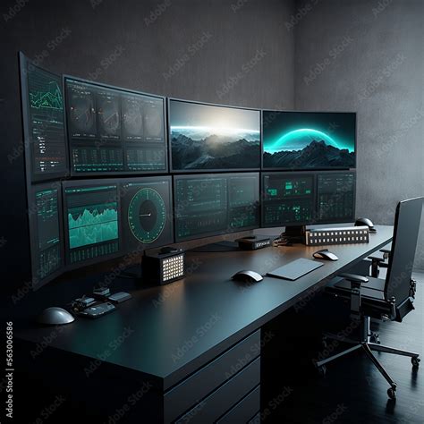 Modern ,futuristic computer setup for industrial grade professional work. Neon blue computer ...