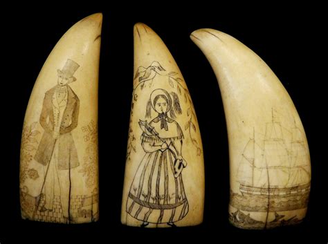 Lot - Three scrimshaw decorated sperm whale teeth, featuring a man ...