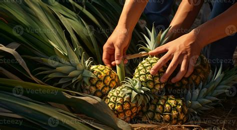 AI generated harvest for pineapple, close-up of hands picking up of ...