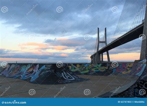 Vasco Da Gama Bridge at Night in a Skating Park Stock Image - Image of ...