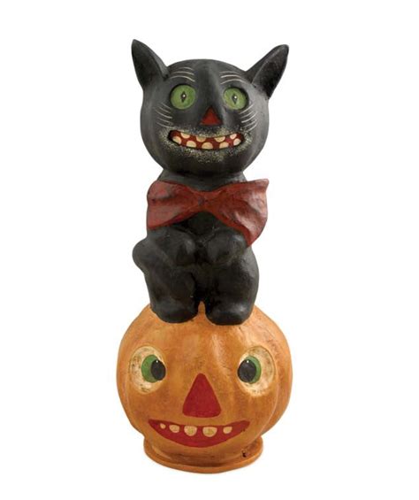 Black Cat with Bow Tie on Jack-O-Lantern Vintage Halloween Decorations - TheHolidayBarn.com