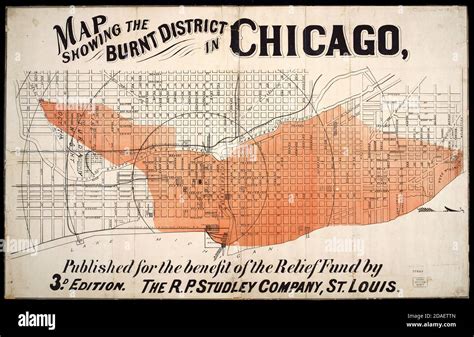 Map of the Chicago Fire of 1871 titled Map Showing the Burnt District in Chicago Stock Photo - Alamy