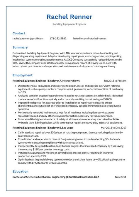 Rotating Equipment Engineer Resume (CV) Example and Writing Guide