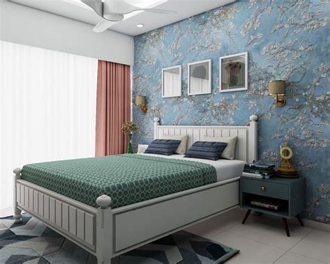 Floral Blue And White Bedroom Wallpaper Design | Livspace