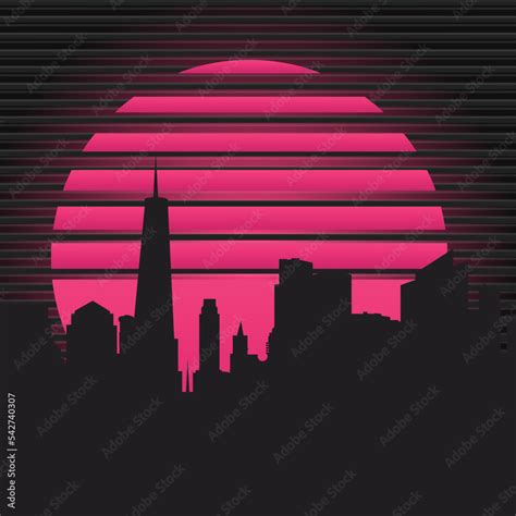 80s cityline in a bright neon sunset with VHS aesthetic Stock Vector | Adobe Stock