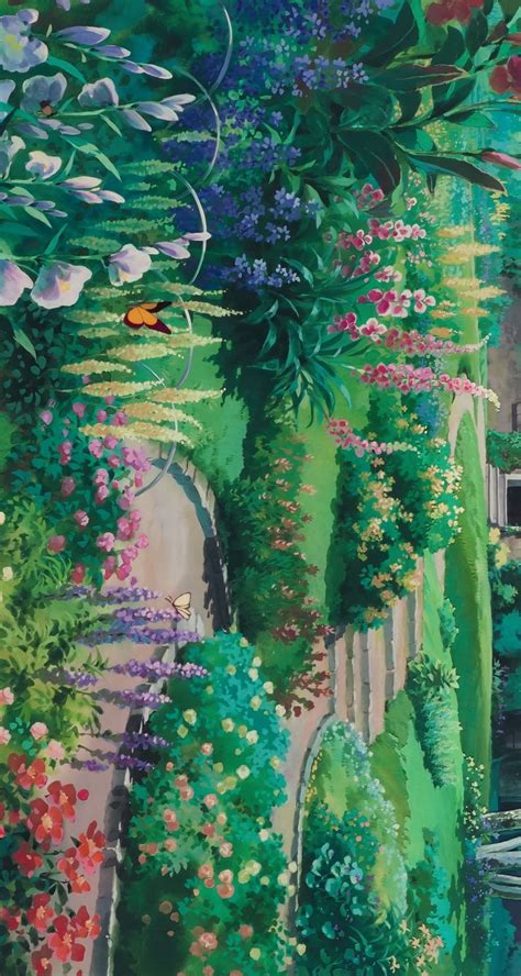 a painting of a garden with lots of flowers and trees on it's sides