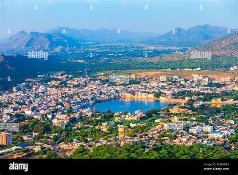 Pushkar town and lake aerial panoramic view in Rajasthan state of India ...