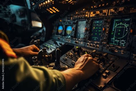 Pilot sitting in the cockpit of an airplane ready for takeoff ...