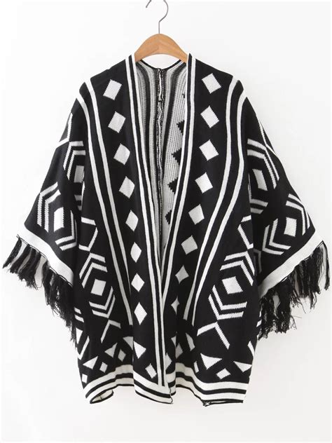 Black White Geometric Square Fringe Cuff Cape Winter Sweater