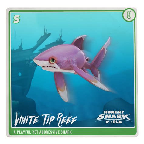 a card with a pink shark on it's back and white tip reef in the background