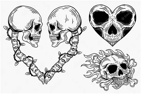 Premium Vector | Set dark illustration skull head bones hand drawn hatching outline style for ...