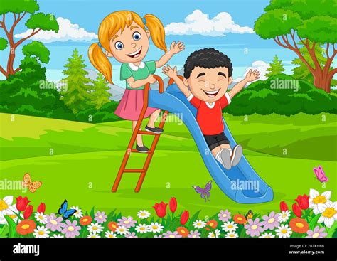 Cartoon little kids playing sliding down in the park Stock Vector Image ...